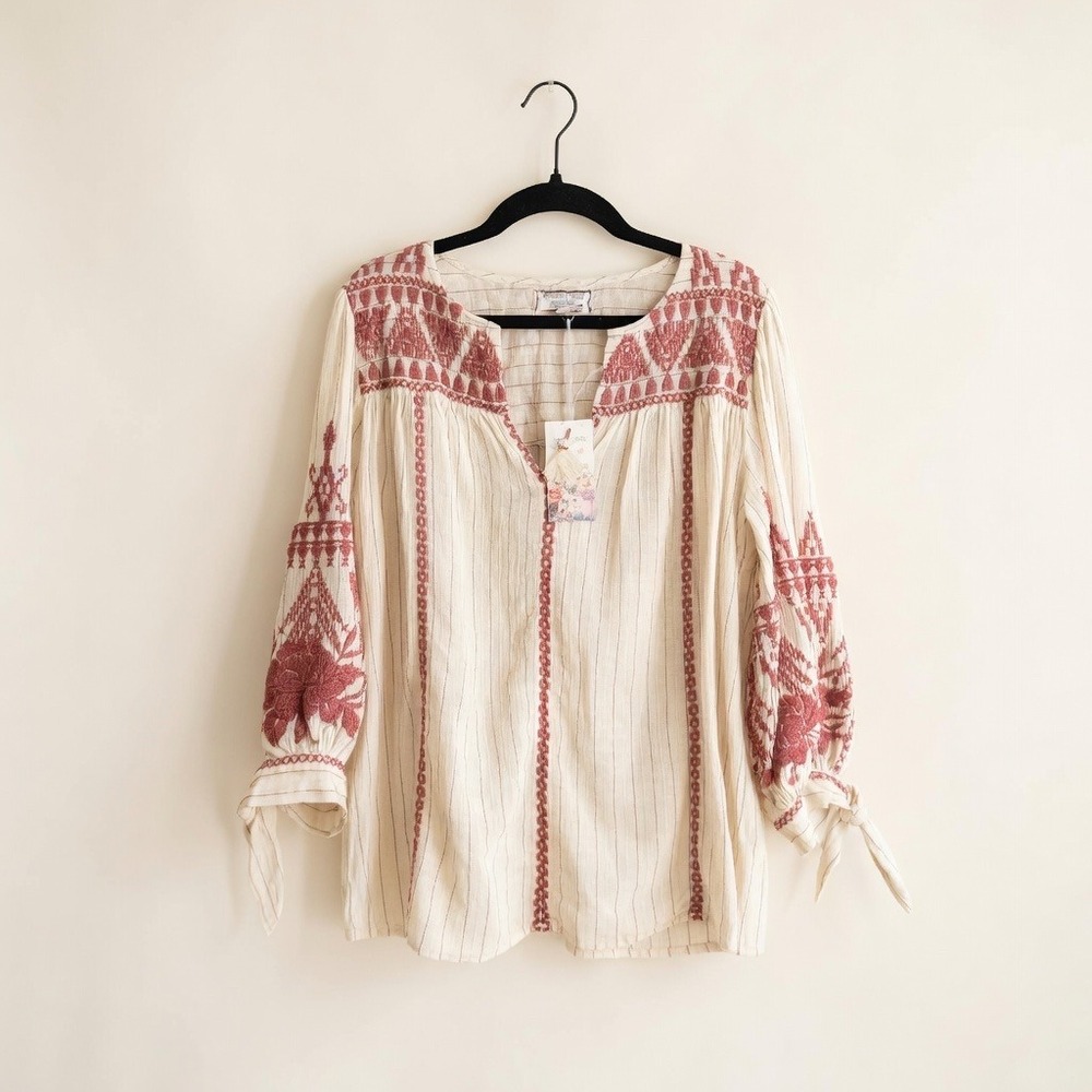Johnny Was‎ Josiane Sleeve Tie XS Oversized Peasant Blouse Embroidered NWT